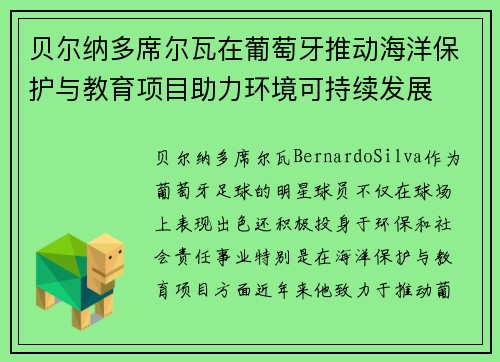 贝尔纳多席尔瓦在葡萄牙推动海洋保护与教育项目助力环境可持续发展